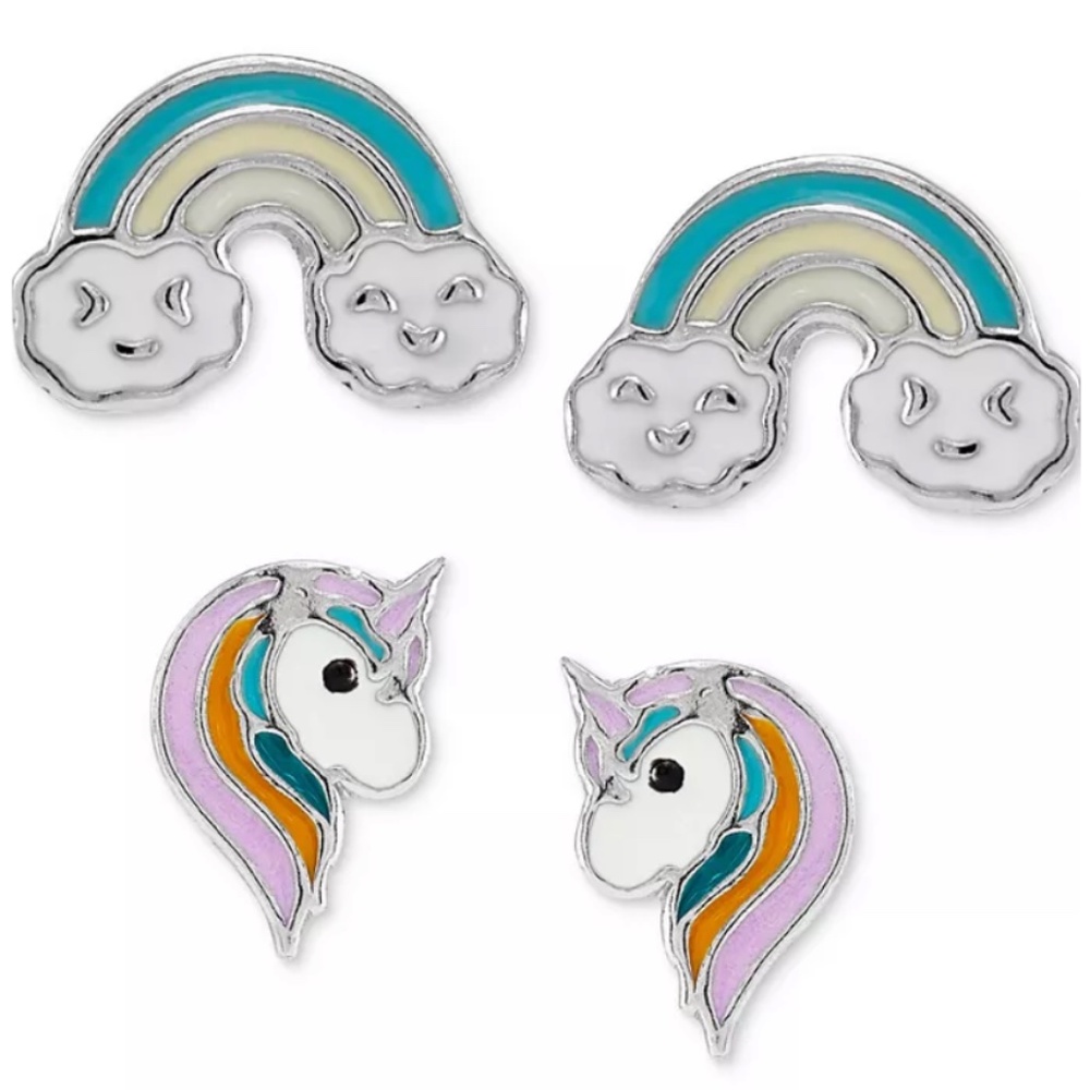 Macys FB Kids Womens Sterling Silver Enamel Unicorn Rainbow Earrings Set